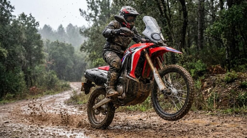 Moto Voge 300 Rally en action sur un chemin boueux, testant la résistance de ses suspensions et de ses carénages