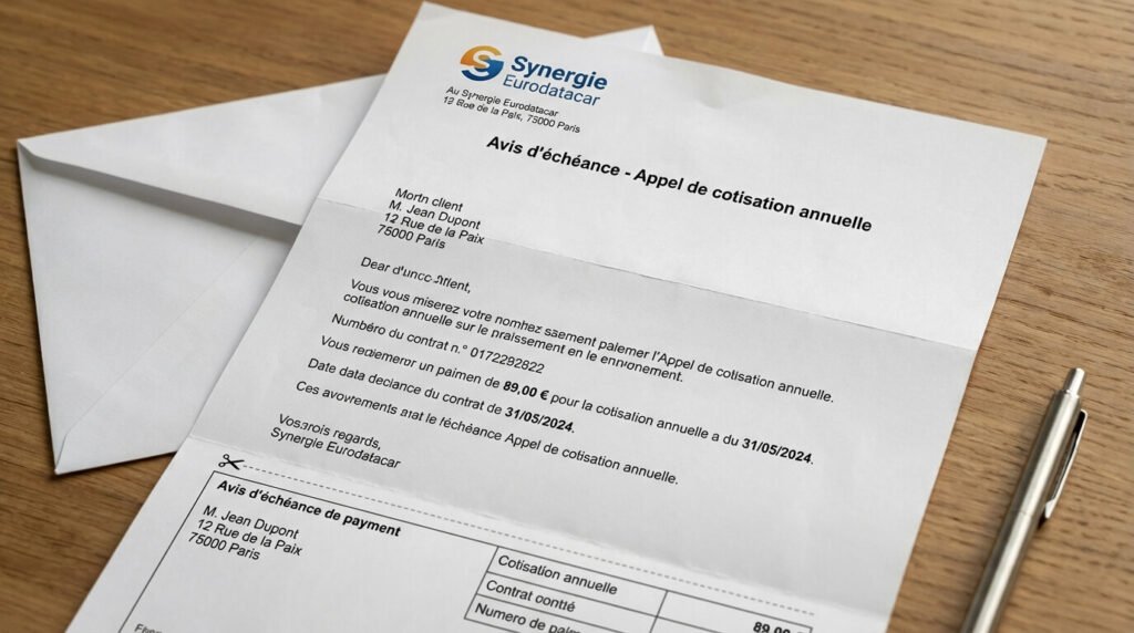 Exemplaire d'un avis d'échéance Synergie Eurodatacar reçu par courrier réclamant le paiement d'une cotisation annuelle