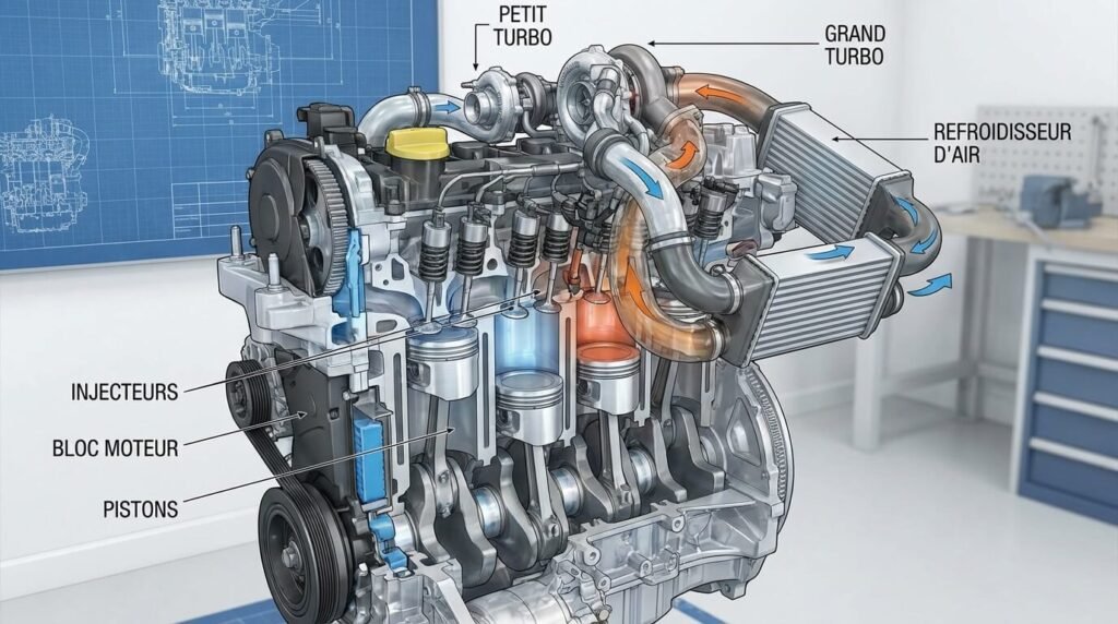 Vue technique écorchée du moteur Renault 1.6 dCi 160 Twin Turbo montrant la complexité de la double suralimentation