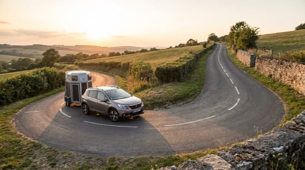 Van pour chevaux 1 place attelé à un SUV compact sur une route de campagne, illustrant la maniabilité de l'ensemble