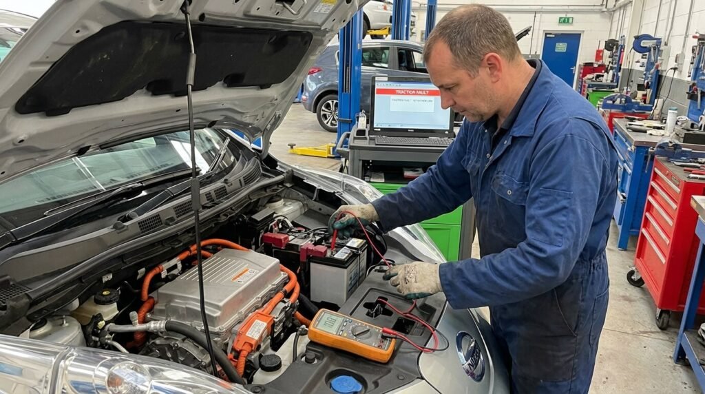 Mécanicien testant la tension de la petite batterie 12V sous le capot d'une voiture électrique, cause fréquente de la fausse panne de traction