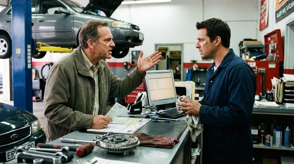 Client en discussion tendue avec son garagiste au comptoir, réclamant sa facture après une réparation automobile