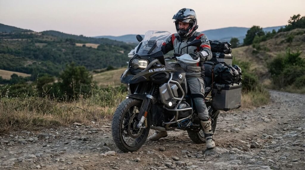 Motard de taille moyenne (1m70) à l'arrêt sur un trail BMW, touchant le sol de la pointe des pieds, illustrant la gestion de l'équilibre