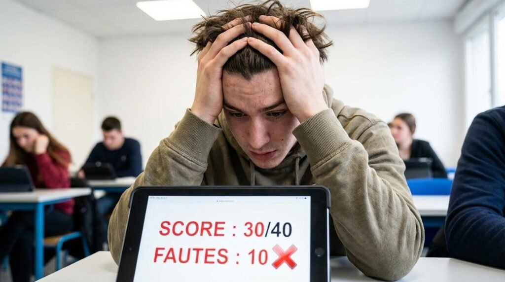 Candidat au permis de conduire stressé devant sa tablette affichant un score de 30/40 (10 fautes) lors d'une série d'entraînement au Code de la route