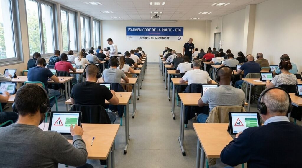 Salle d'examen du Code de la Route (ETG) avec candidats sur tablettes et casques audio, illustrant l'environnement du jour J