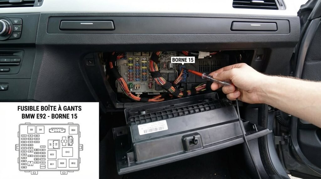 Emplacement de la boîte à fusibles (Junction Box) derrière la boîte à gants d'une BMW E92 pour repiquer la borne 15