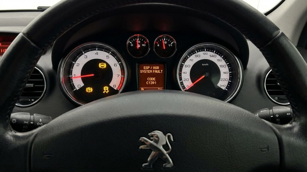 Tableau de bord d'une Peugeot 308 ou 207 affichant les voyants d'alerte ABS et ESP allumés, symptôme typique du code C1391