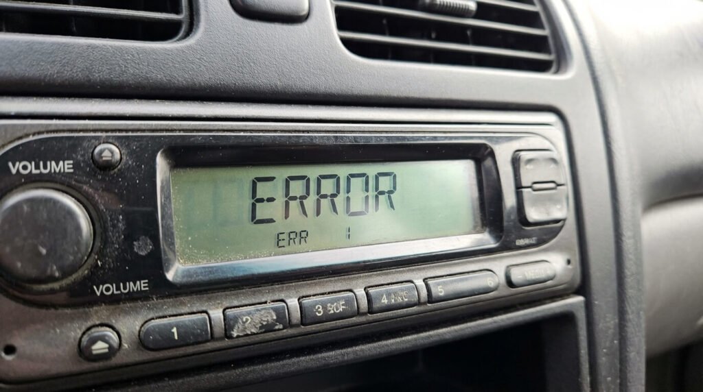 Façade d'un autoradio de voiture affichant le message "ERROR" ou "ERR 1" sur l'écran LCD, empêchant la lecture de la musique