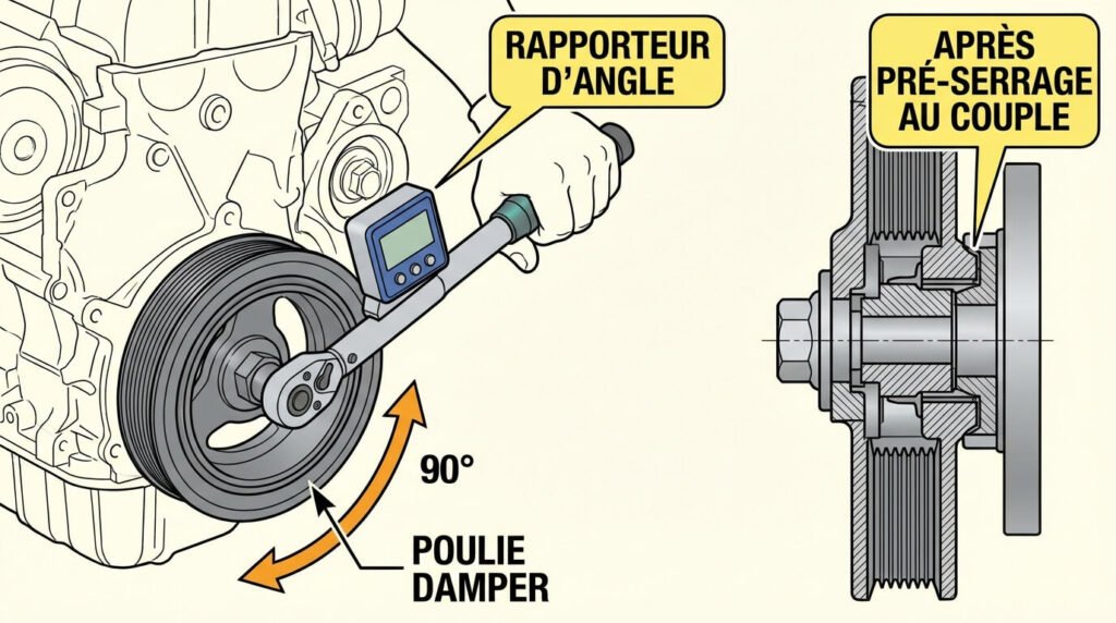 Schéma technique montrant l'application d'un serrage angulaire sur une poulie damper avec un rapporteur d'angle après le pré-serrage au couple