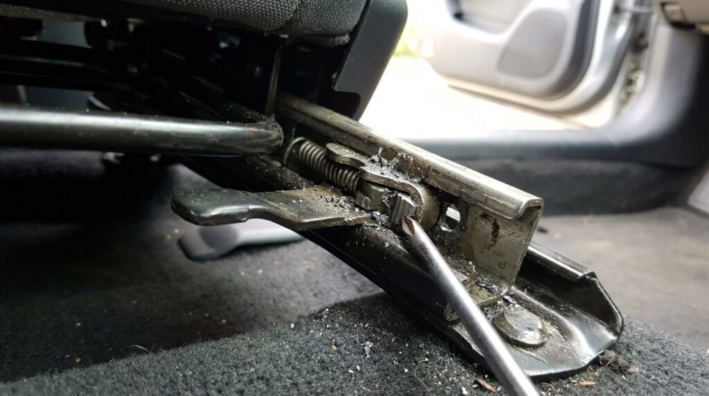 Gros plan sur le rail de glissière d'un siège conducteur, montrant le mécanisme de verrouillage souvent en cause lors d'un blocage