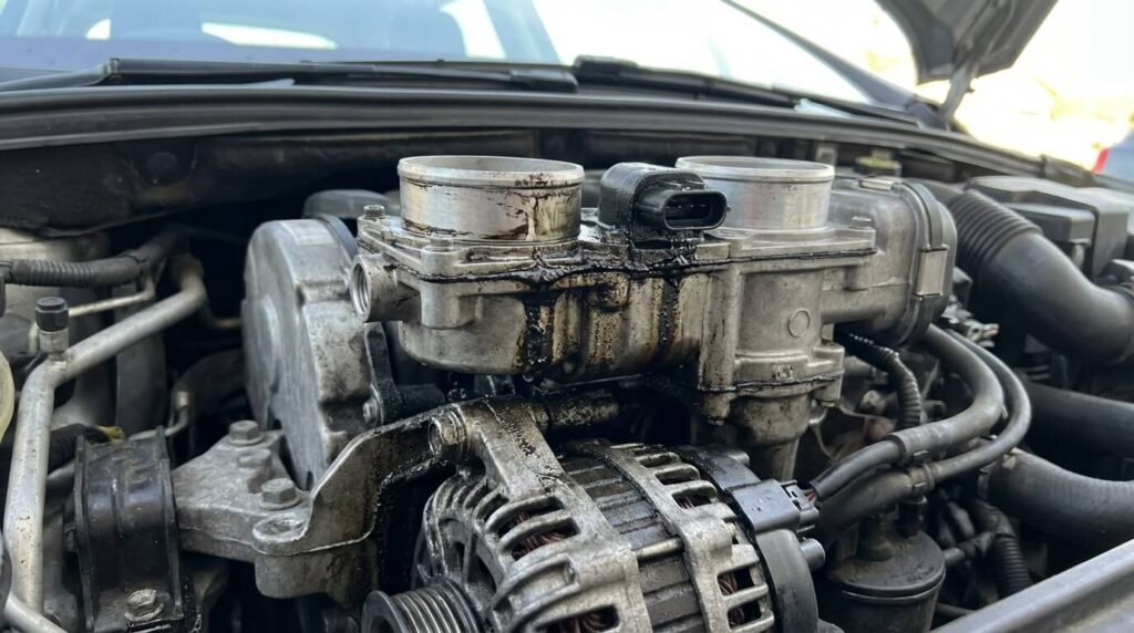 Vue du doseur d'air (boîtier papillon double) sur un moteur 1.6 HDi, montrant les traces de suintement d'huile noire typiques qui coulent vers l'alternateur