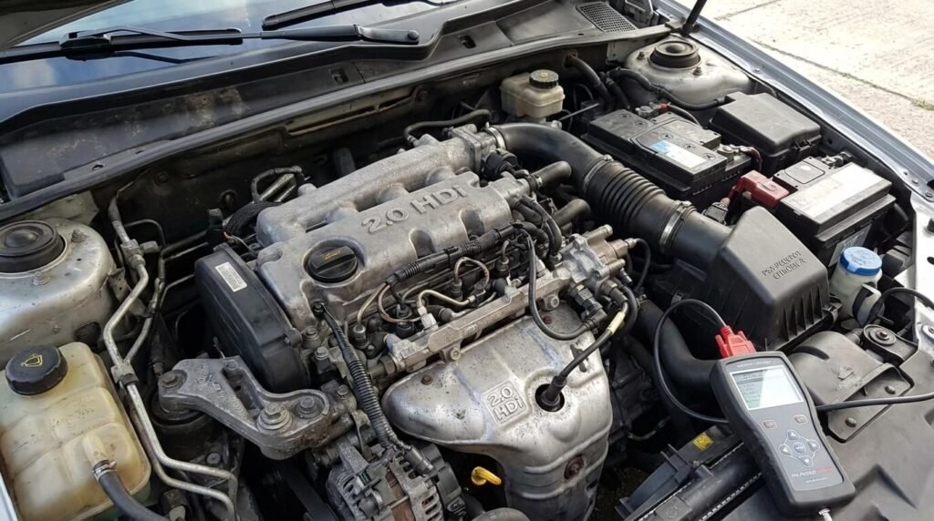 Vue sous le capot d'un véhicule équipé du moteur 2.0 HDi 90 (type RHY), bloc légendaire de PSA, souvent sujet à des problèmes de régulation d'injection