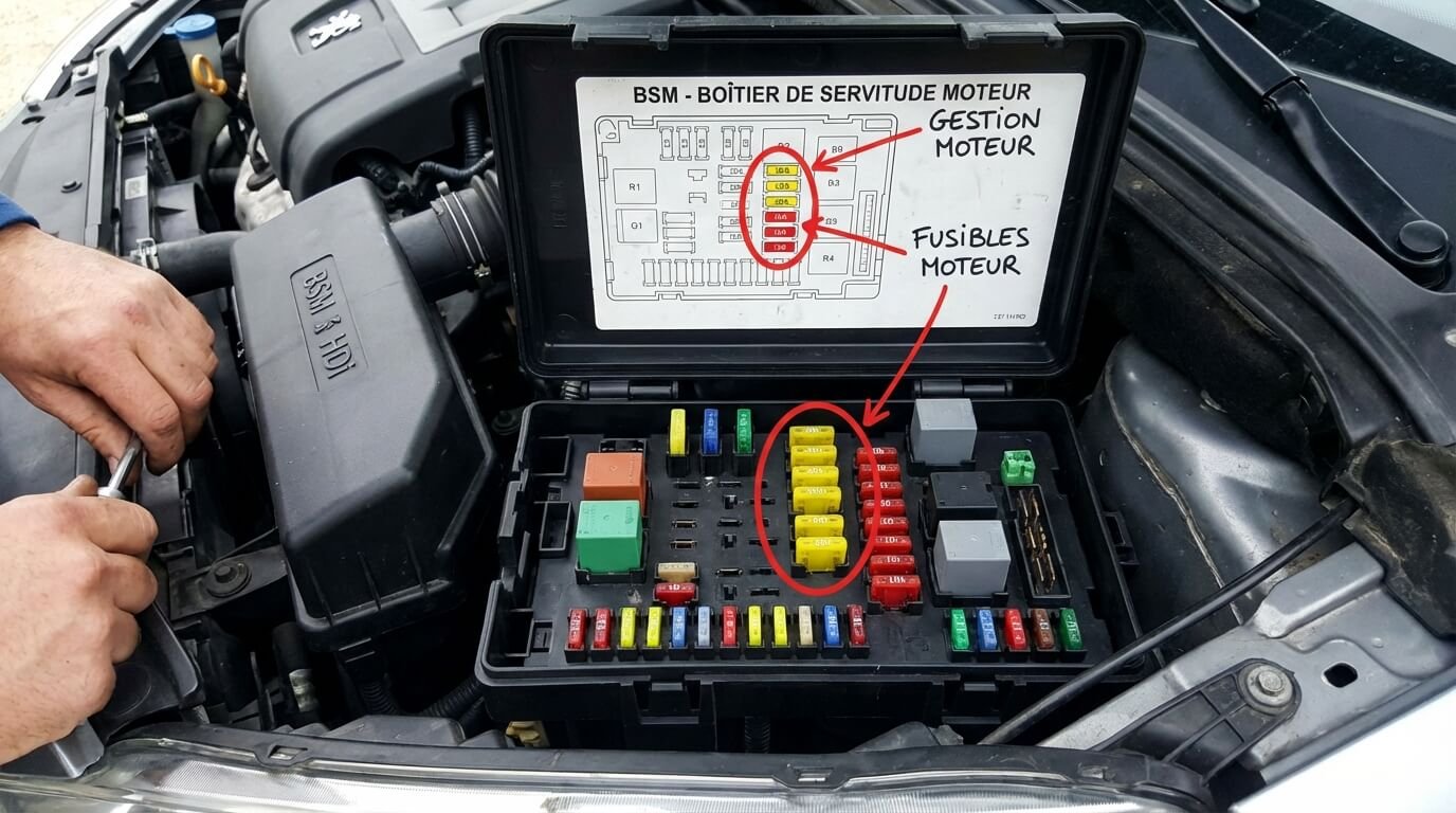 Vue ouverte du Boîtier de Servitude Moteur (BSM) d'une Peugeot 307 1.6 HDi, montrant l'emplacement des fusibles jaunes et rouges qui protègent la gestion moteur