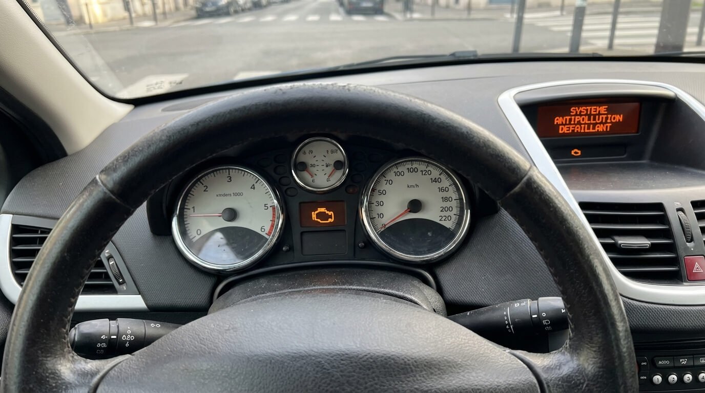 Tableau de bord de Peugeot 207 affichant le redouté message "Système antipollution défaillant" accompagné du voyant moteur orange