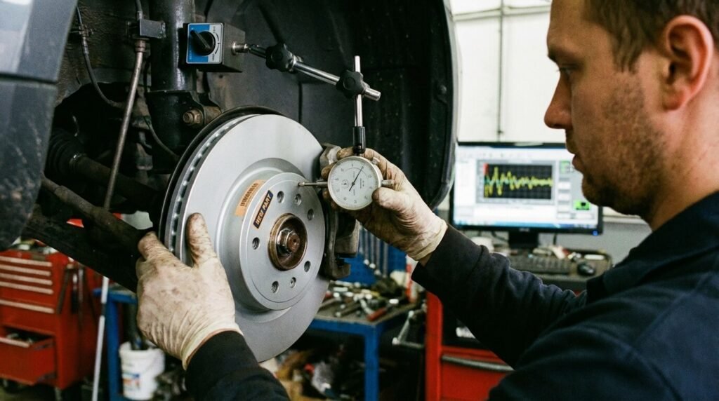 Volant qui tremble au freinage avec disque neuf : Causes, Mauvais montage et Solutions 2 Mécanicien vérifiant le voile d'un disque de frein neuf à l'aide d'un comparateur à cadran magnétique pour diagnostiquer l'origine des vibrations