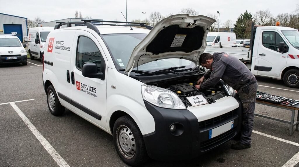 Citroën Nemo utilitaire blanc à l'arrêt capot ouvert, véhicule prisé des professionnels mais sujet à des pannes spécifiques du moteur DV4