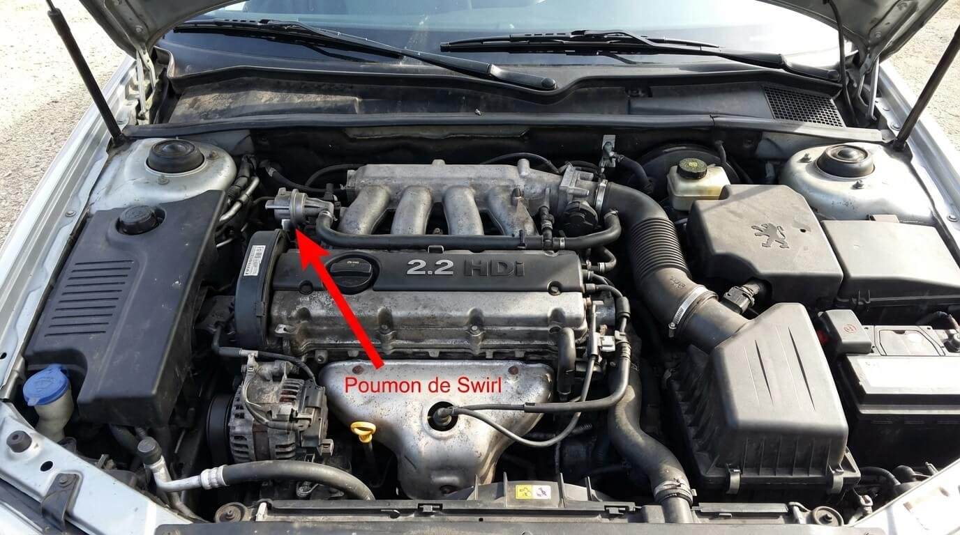 Compartiment moteur du 2.2 HDi (Peugeot 406, 607, C5) avec une flèche indiquant l'emplacement du poumon de swirl sur le côté de la culasse