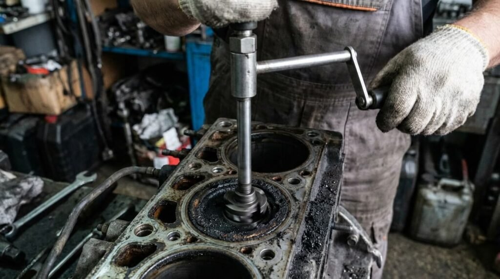 Mécanicien utilisant une fraise manuelle spécifique pour rectifier la portée du joint au fond d'un puits d'injecteur encrassé par la calamine
