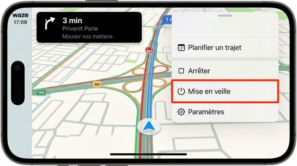 Capture d'écran de la nouvelle interface Waze montrant l'emplacement du bouton "Mise en veille" (icône ON/OFF) dans le menu déroulant