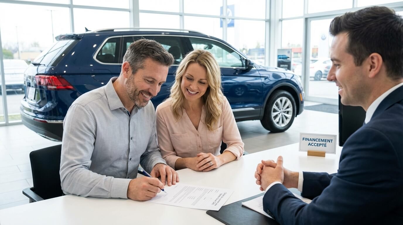 Couple signant un contrat de Location avec Option d'Achat (LOA) chez un concessionnaire automobile, moment clé après l'acceptation du dossier financier