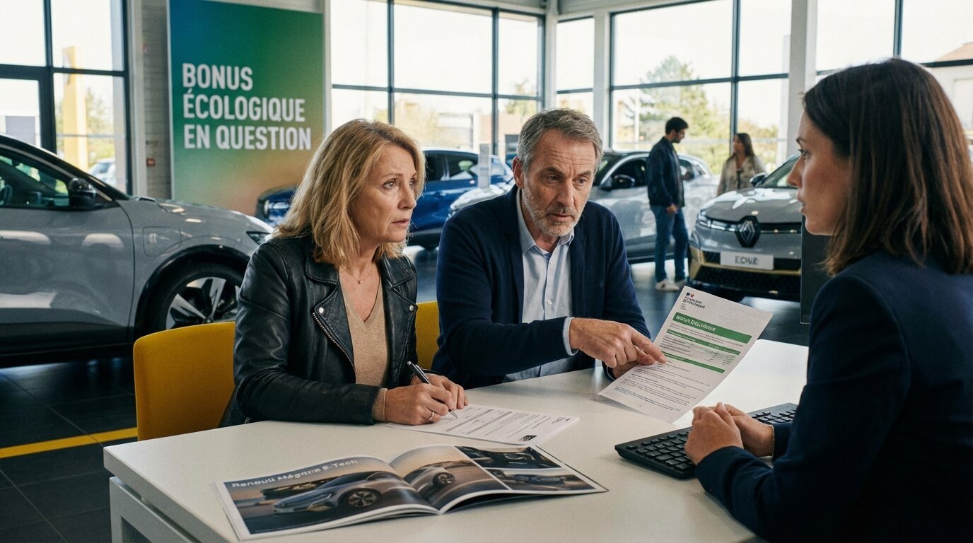 Couple signant un bon de commande pour un véhicule électrique chez un concessionnaire, s'interrogeant sur leur éligibilité au bonus écologique pour la seconde fois