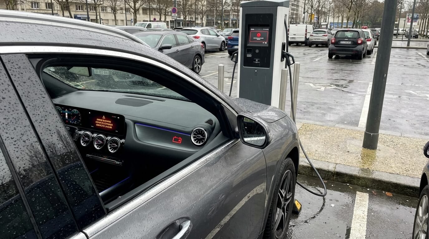 Mercedes EQA 250 branché à une borne de recharge avec un message d'erreur au tableau de bord, illustrant les soucis électroniques potentiels