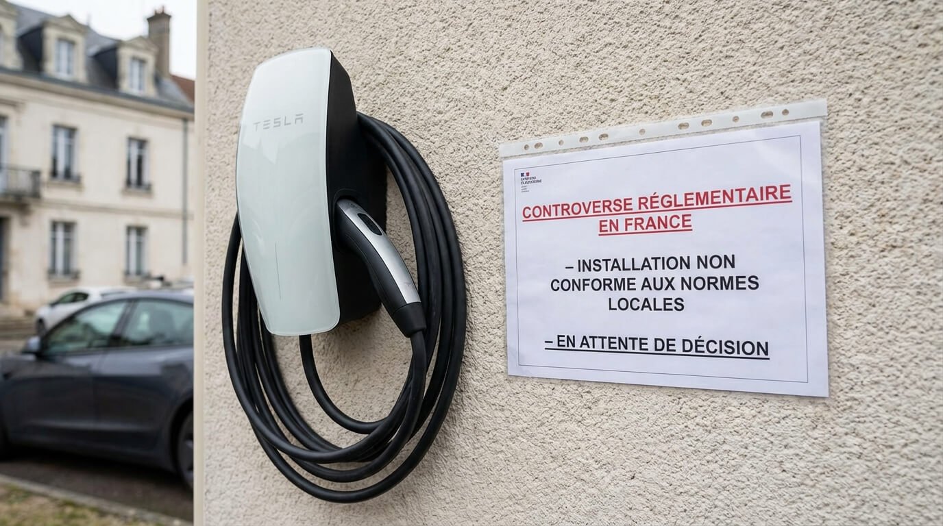 Borne de recharge Tesla Wall Connector Gen 3 installée au mur avec son câble attaché, objet de controverse réglementaire en France