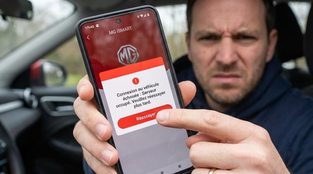 MG iSMART ne fonctionne pas : Pannes serveurs, Connexion et Solutions de dépannage 2 Smartphone affichant l'interface de l'application MG iSMART avec un message d'erreur "Connexion au véhicule échouée" ou "Serveur occupé", situation frustrante pour les propriétaires
