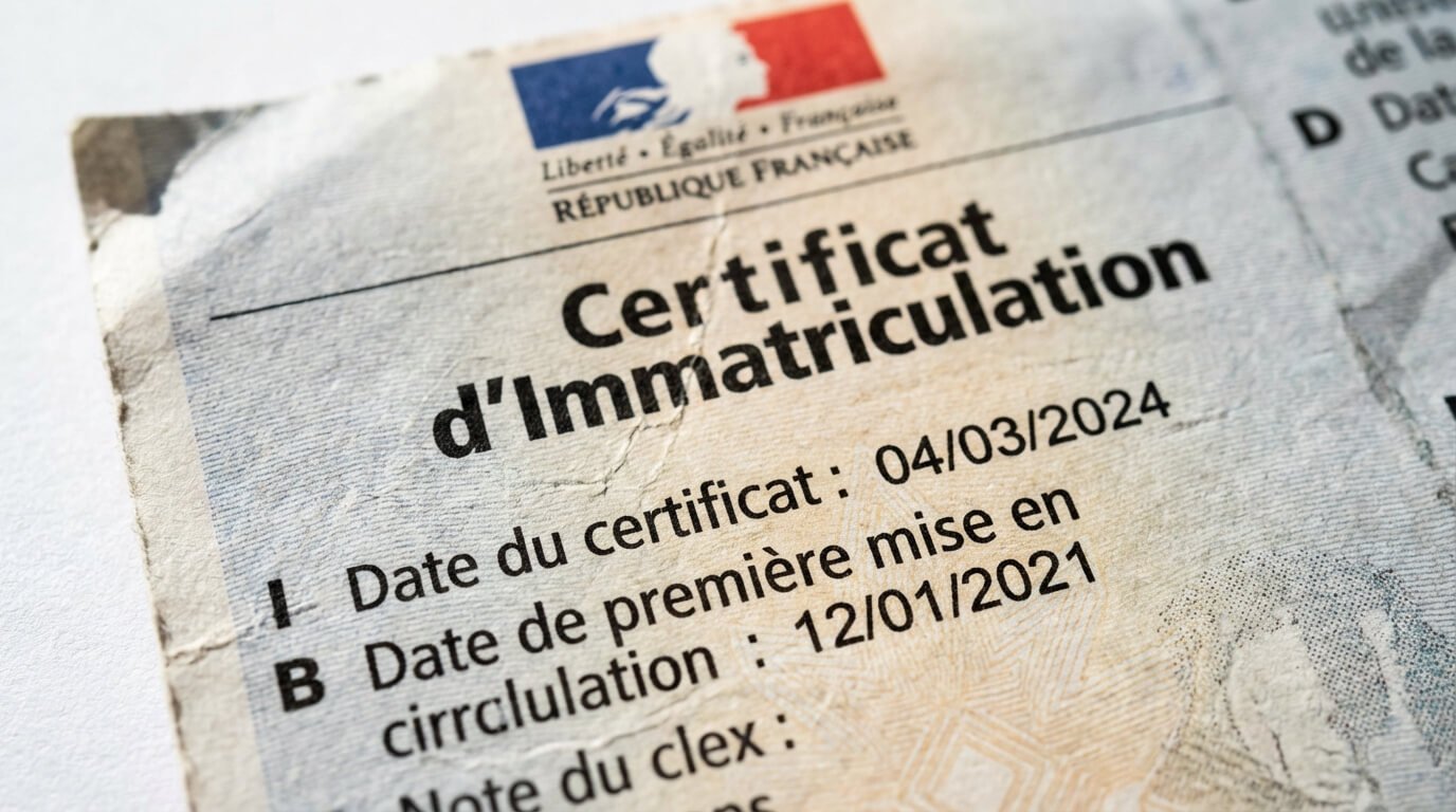 Gros plan sur un certificat d'immatriculation (Carte Grise) français, mettant en évidence la rubrique I (Date du certificat) et B (Date de première mise en circulation), cruciales lors de la livraison