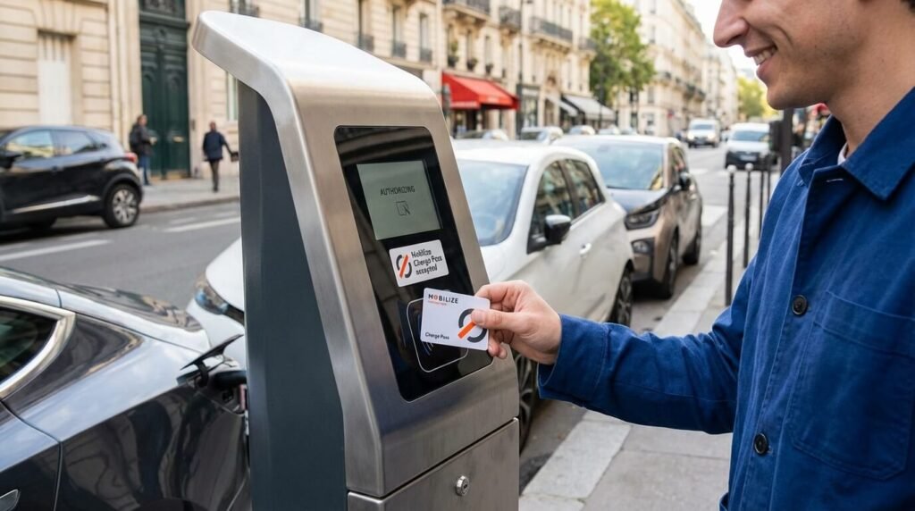Carte Mobilize Charge Pass sans Renault : Est-ce intéressant et comment ça marche ? 12 Utilisateur présentant un badge RFID Mobilize Charge Pass devant une borne de recharge publique, illustrant l'usage universel de la carte