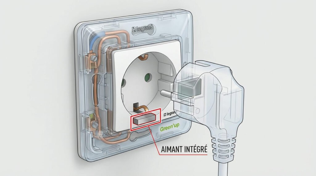 Vue écorchée d'une prise renforcée Green'up Legrand montrant l'emplacement de l'aimant intégré qui communique avec la fiche du chargeu