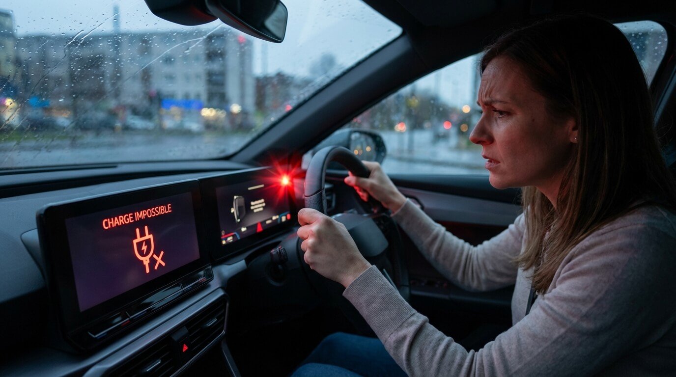Tableau de bord de voiture électrique affichant le message "Charge impossible" ou un voyant rouge clignotant au niveau de la prise, source de stress pour l'utilisateur