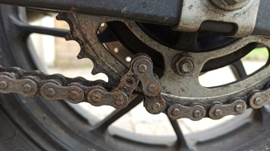 Gros plan sur une chaîne de moto présentant deux maillons qui ne s'alignent pas (forment un angle) par rapport aux autres, caractéristique visuelle d'un point dur