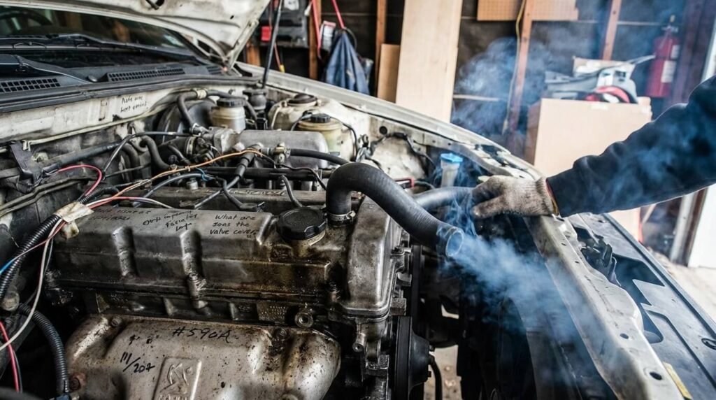 Moteur avec la durite de reniflard débranchée laissant échapper des vapeurs d'huile visibles, illustrant la modification sauvage souvent réalisée par les amateurs