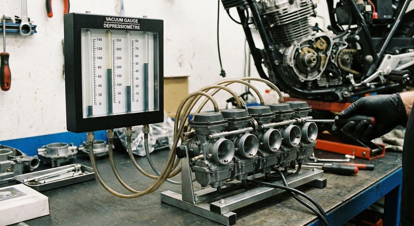 Colonne de dépression (dépressiomètre) branchée sur une rampe de carburateurs moto 4 cylindres, outil indispensable pour visualiser le déséquilibre entre les cylindres