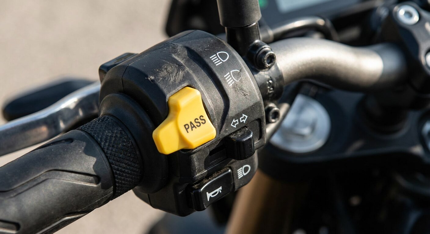 Vue rapprochée du commodo gauche d'une moto montrant la gâchette jaune "PASS" accessible à l'index, utilisée pour les appels de phare instantanés