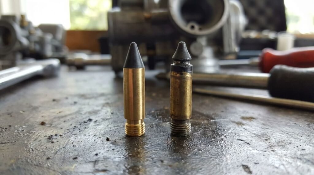 Pointeau de carburateur bloqué : Symptômes, Risques de fuite et Réparation 2 Gros plan comparatif entre un pointeau de carburateur neuf et un pointeau usé dont la pointe en caoutchouc est marquée par une gorge, cause fréquente de fuite