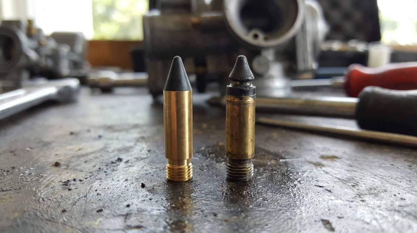 Gros plan comparatif entre un pointeau de carburateur neuf et un pointeau usé dont la pointe en caoutchouc est marquée par une gorge, cause fréquente de fuite