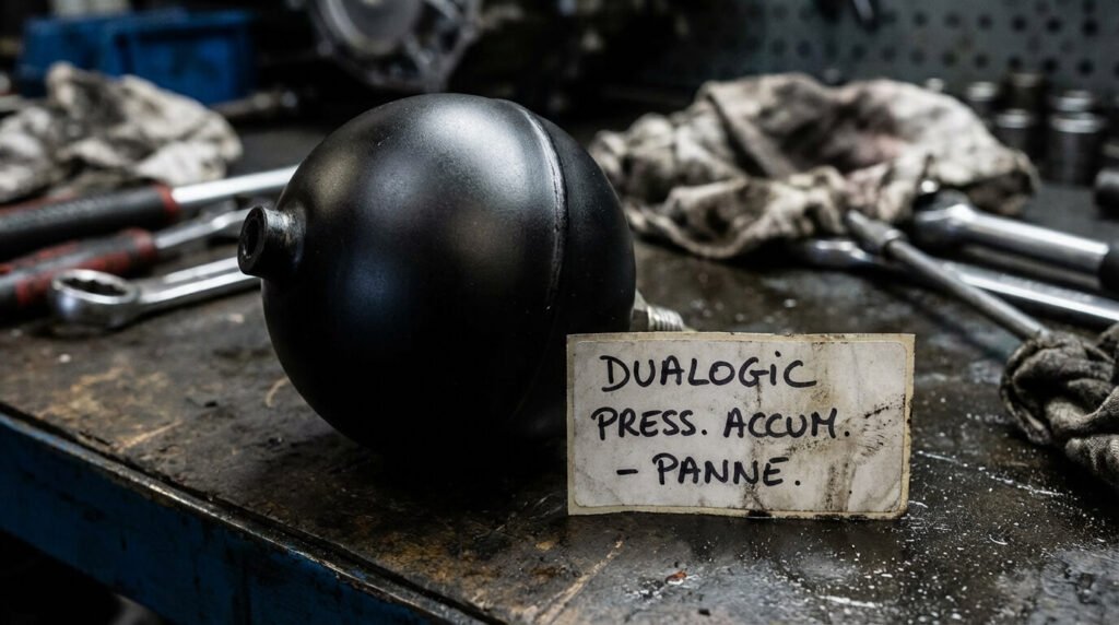 Gros plan sur l'accumulateur de pression (sphère noire), pièce maîtresse souvent responsable des pannes de la boîte robotisée Dualogic