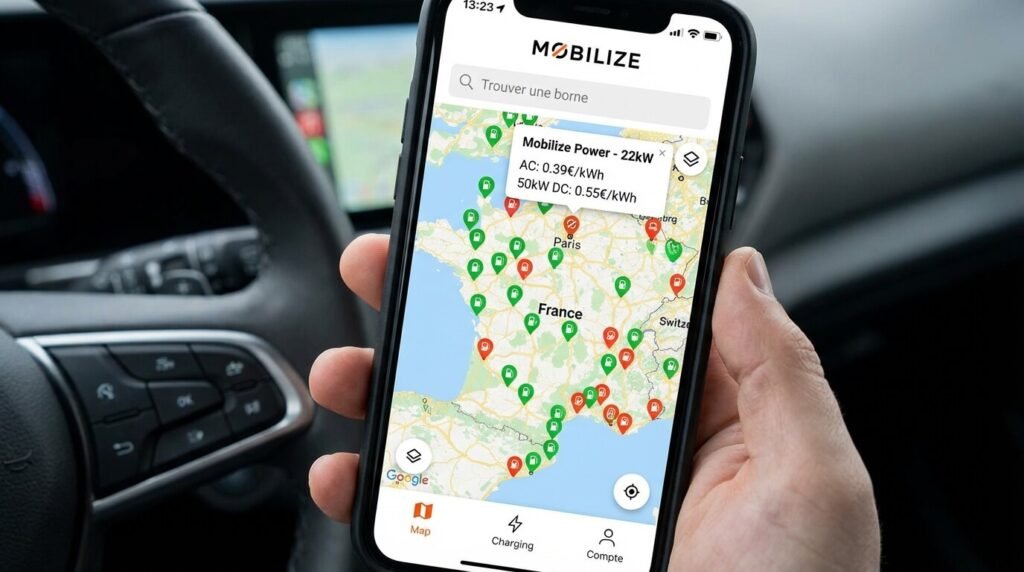 Carte Mobilize Charge Pass sans Renault : Est-ce intéressant et comment ça marche ? 3 Interface de l'application mobile Mobilize montrant la carte des bornes compatibles et les tarifs, outil indispensable pour vérifier la couverture réseau
