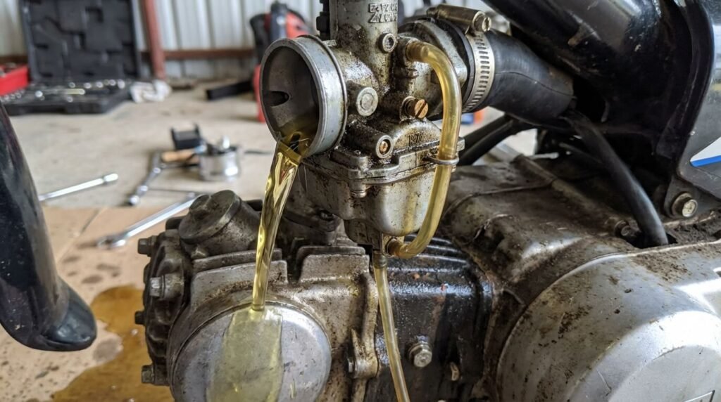 Pointeau de carburateur bloqué : Symptômes, Risques de fuite et Réparation 3 Carburateur de moto avec de l'essence qui coule abondamment par la durite de trop-plein, symptôme caractéristique d'un pointeau bloqué en position ouverte