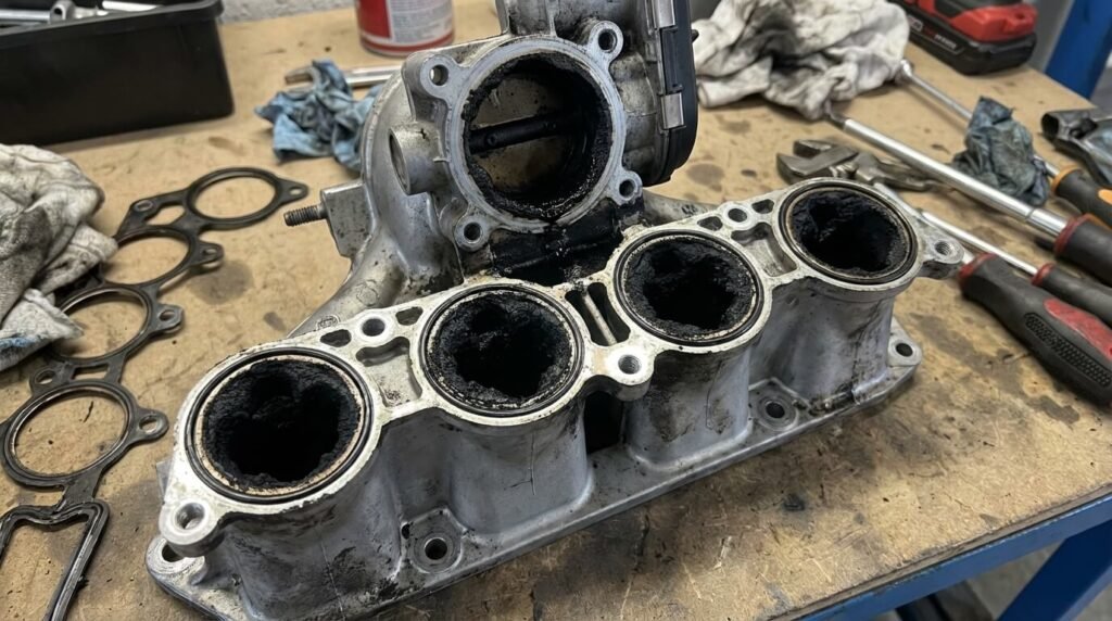 Collecteur d'admission d'un moteur Skyactiv-D démonté, montrant une accumulation massive de calamine (suie) obstruant le passage de l'air