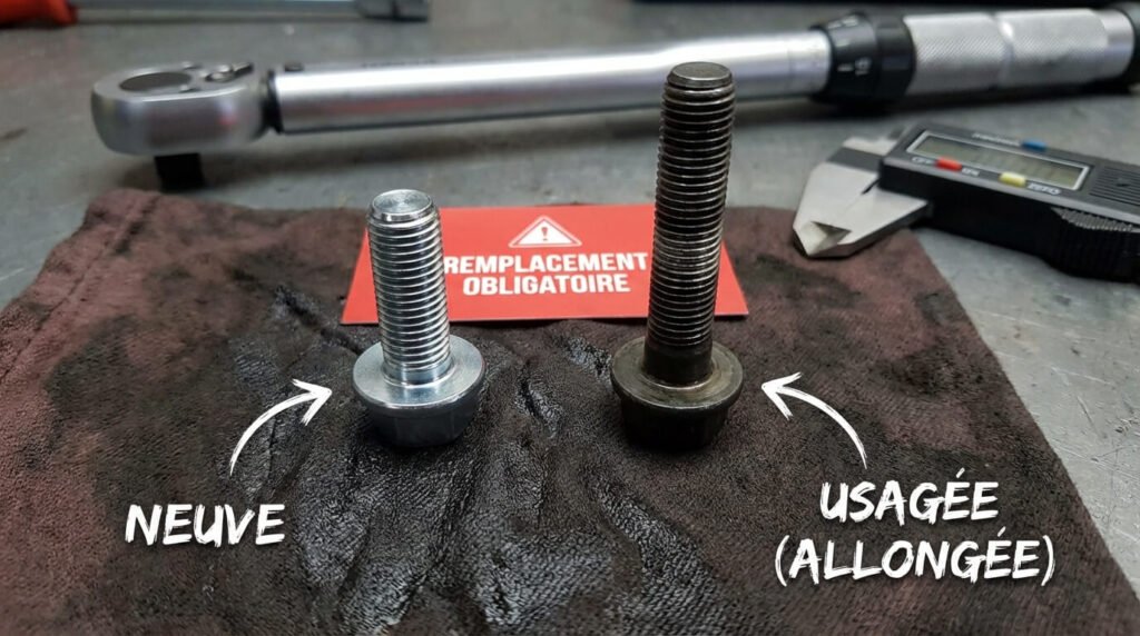 Comparaison entre une vis de vilebrequin neuve et une vis usagée allongée, illustrant la nécessité absolue de changer la boulonnerie lors de l'intervention