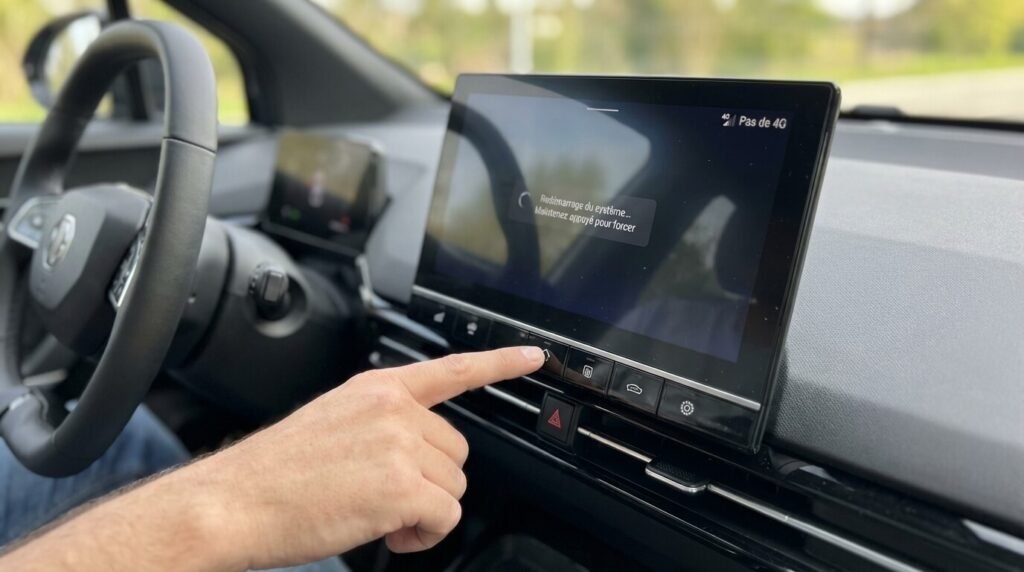 MG iSMART ne fonctionne pas : Pannes serveurs, Connexion et Solutions de dépannage 3 Doigt appuyant sur le bouton "Home" de l'écran central d'une MG4 pour effectuer un redémarrage forcé du système d'infodivertissement afin de rétablir la liaison 4G