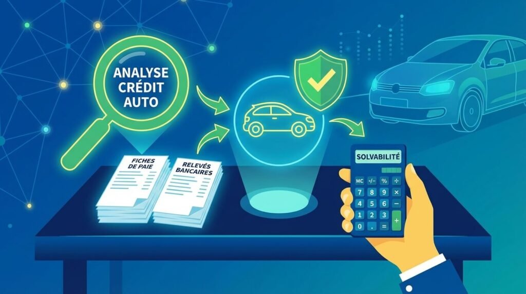 Illustration conceptuelle de l'analyse d'un dossier de crédit auto : fiches de paie, relevés bancaires et calculatrice pour déterminer la solvabilité