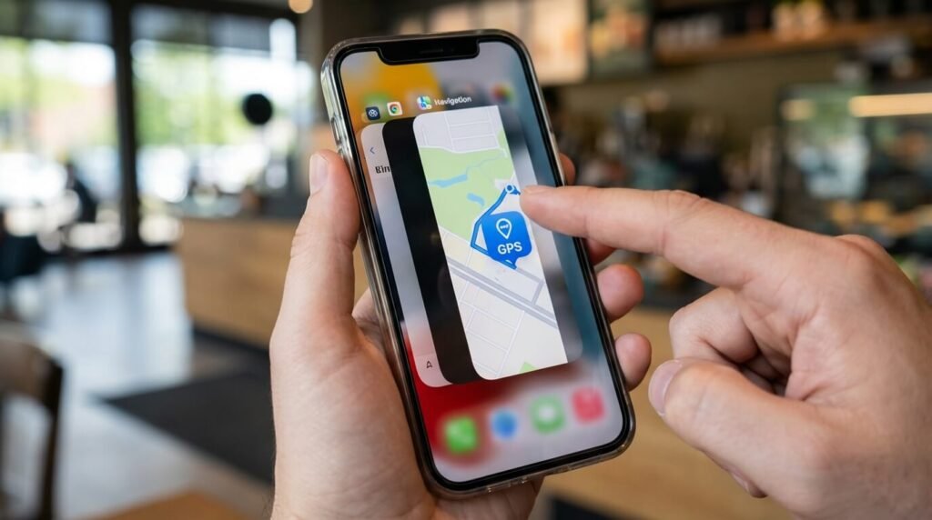 Geste technique sur smartphone pour "tuer" l'application en arrière-plan (swipe vers le haut), seule méthode pour stopper totalement le GPS