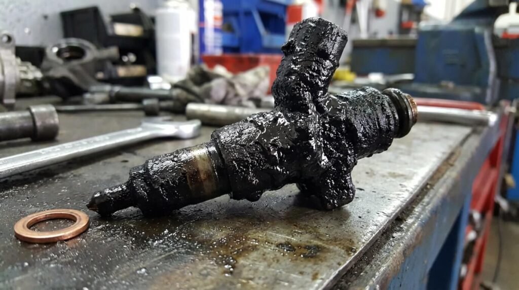 Injecteur diesel extrait d'un moteur, totalement recouvert d'une couche épaisse de "goudron" noir (calamine), signe d'une fuite prolongée du joint pare-feu