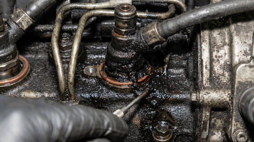 Vue rapprochée de la base d'un injecteur 1.4 HDi entouré de calamine noire ("goudron"), signe caractéristique de la fuite des joints d'injecteur, la maladie n°1 de ce moteur