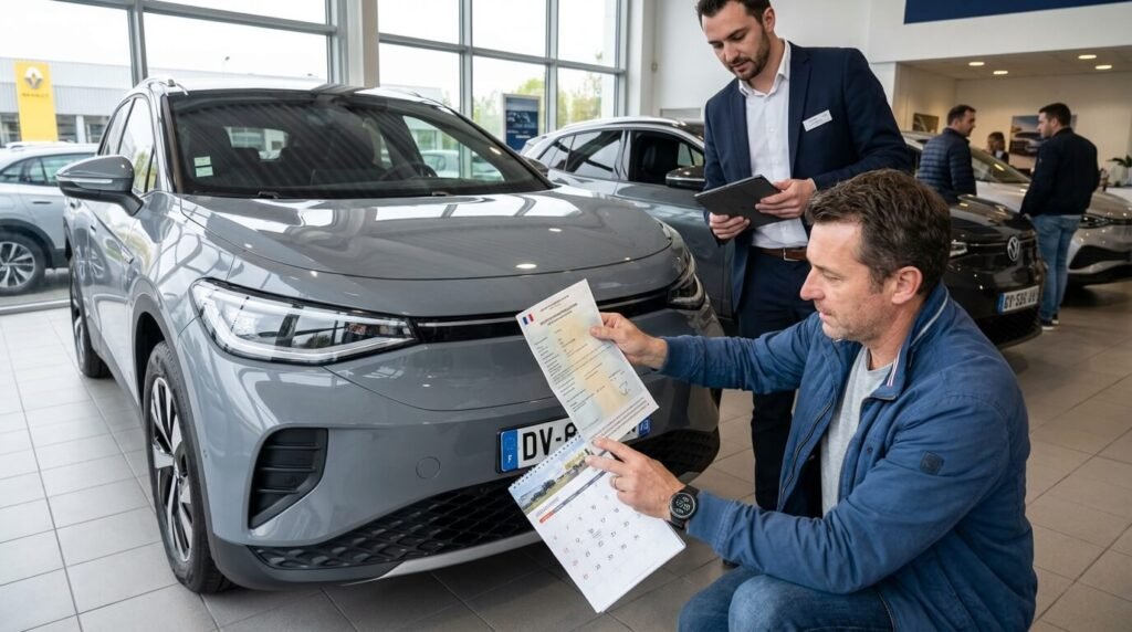 Voiture neuve immatriculée avant livraison : Conséquences sur la garantie et la valeur 3 Client inspectant sa voiture neuve lors de la livraison en concession, moment clé pour vérifier la concordance entre la date d'immatriculation et la date réelle de prise en main