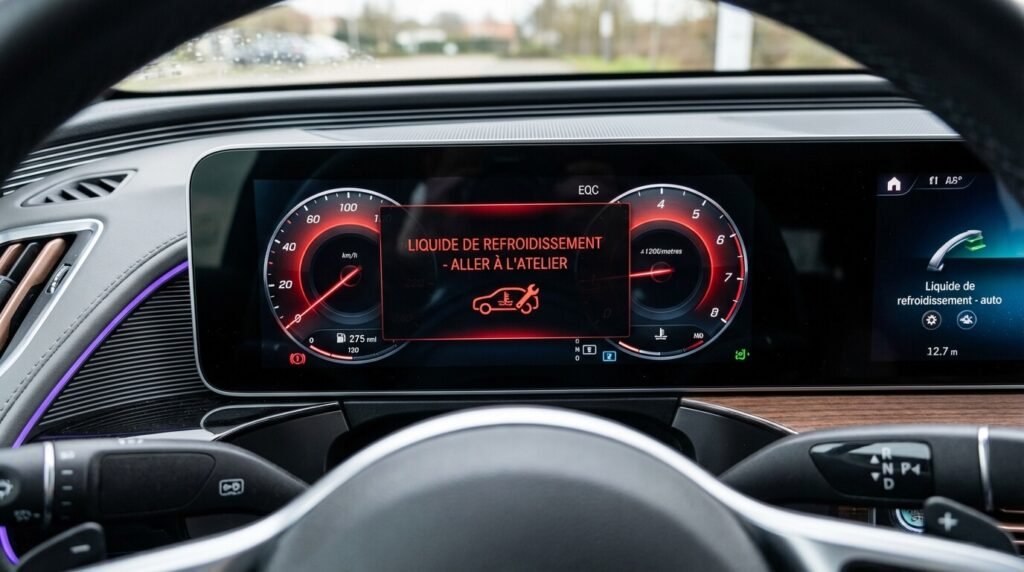 Tableau de bord Mercedes affichant l'alerte critique "Liquide de refroidissement - Aller à l'atelier", symptôme d'une défaillance connue sur le système de propulsion électrique